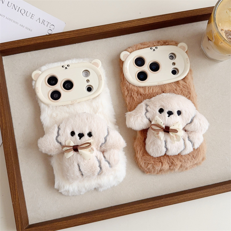 Phone Cases For Iphone 13 - 3D Cartoon Bowknot Puppy Warm Fluffy